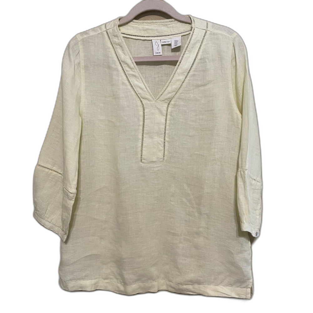 Joie 100% Linen Top Womens Medium Yellow V Neck 3/4 Sleeve Coastal Beachy